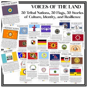 Könnte beinhalten: Ein Poster mit dem Titel "Voices of the Land" mit 30 Stammesnationen, Flaggen und Geschichten. Jede Flagge wird mit dem Namen des Stammes angezeigt. Das Poster enthält Text über Kultur, Identität und Widerstandsfähigkeit.