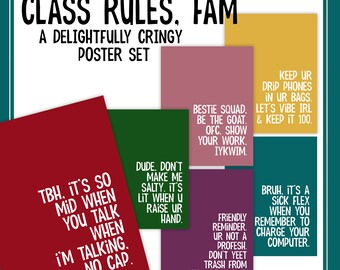 Funny Class Rules Posters | Middle & High School Classroom Slang Decor | Teacher Bulletin Board Set for ELA Math Science Back to School