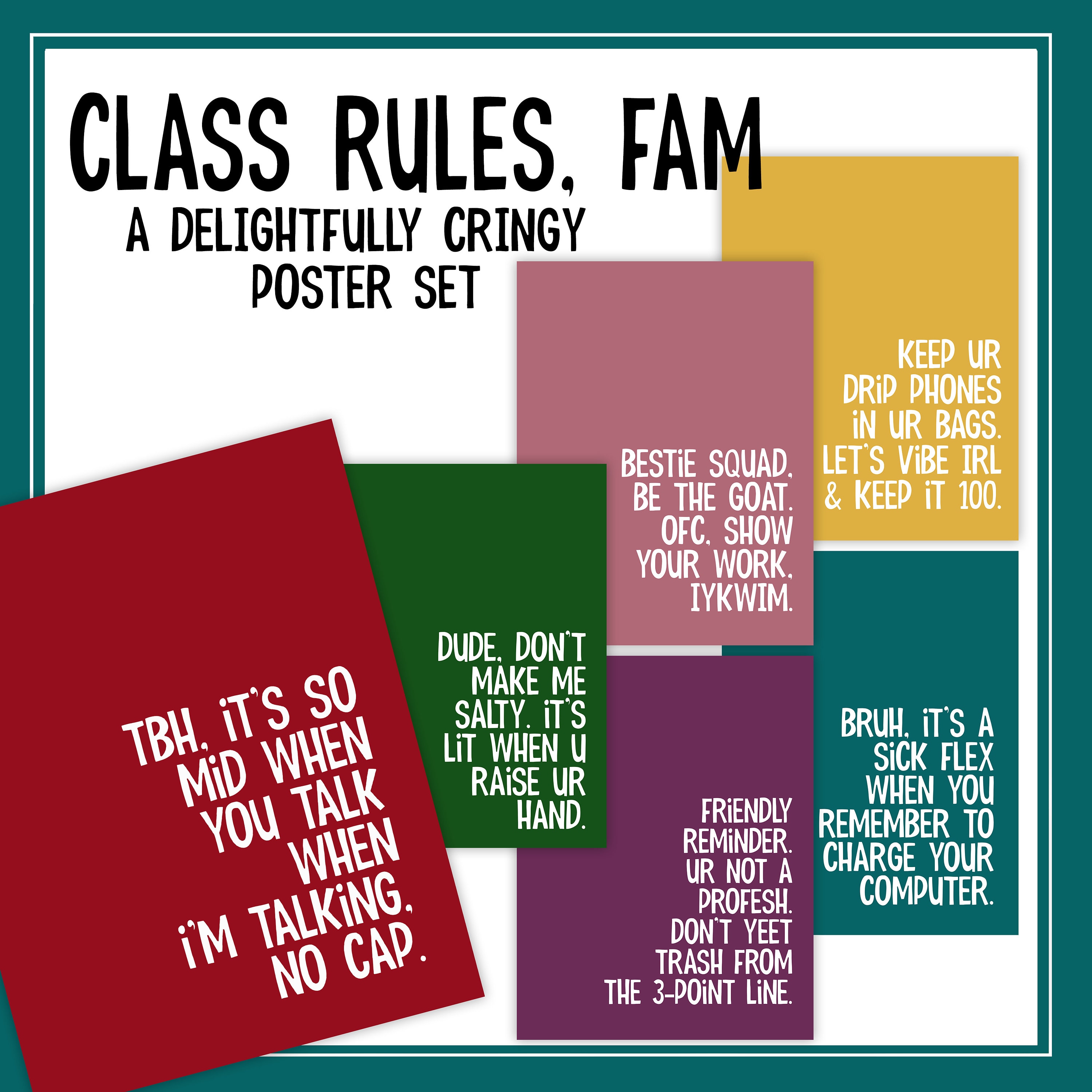 Funny Class Rules Posters | Middle \u0026 High School Classroom Slang Decor |  Teacher Bulletin Board Set for ELA Math Science Back to School - Etsy Israel, image size:3000x3000