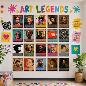 Puede incluir: Una decoración de pared titulada ART LEGENDS que presenta veinte carteles rectangulares de artistas famosos, cada uno con un retrato y texto biográfico. Las pegatinas de pared incluyen un corazón, una estrella y el texto make CREATE inspire y EVERY CHILD IS AN ARTIST.