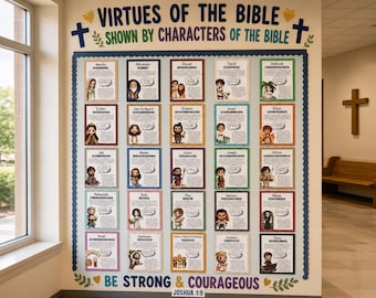 Virtues of the Bible Posters | 25 Bible Character Bulletin Board Poster Set for Kids | Christian Homeschool Sunday School Faith-Based Decor