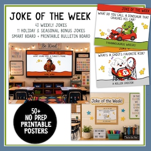 May include: A digital resource set titled Joke of the Week featuring 40 weekly jokes and 11 holiday bonus jokes. The set includes printable posters and smart board slides with colorful cartoon illustrations of animals and ghosts with text.