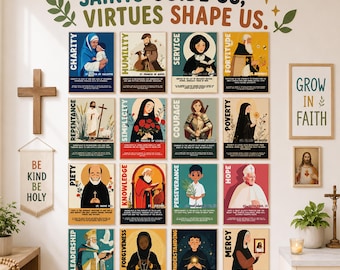 Catholic Saints Posters | Catholic Saints Virtues Bulletin Board | Religious Classroom Decor | Catholic School Printable | Faith Posters