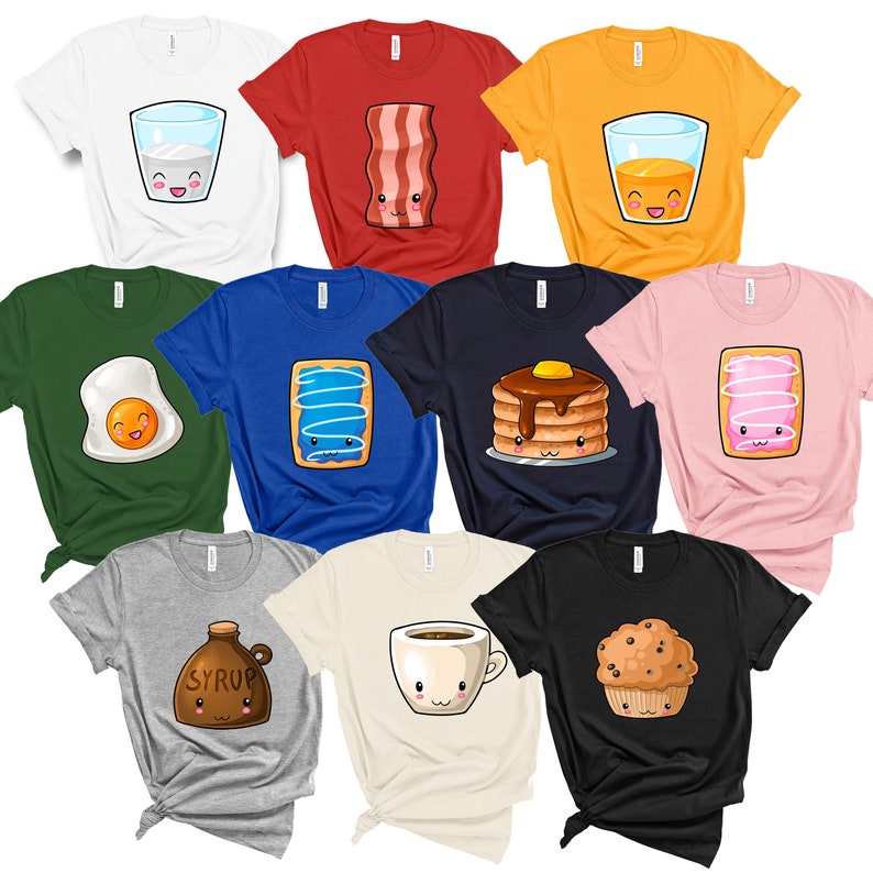 Group Breakfast Food Costume Shirts | Matching Halloween Costumes Shirts | Cute Tournament Tshirt | Adults Youth Eggs OJ Coffee Bacon Syrup image 1