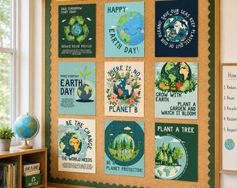 Puede incluir: Un corcho con nueve carteles sobre el Día de la Tierra. Los carteles presentan ilustraciones de la Tierra, plantas y símbolos de reciclaje, con frases como "Reduce, Reuse, Recycle" y "Plant a Tree". La exhibición está en un aula.