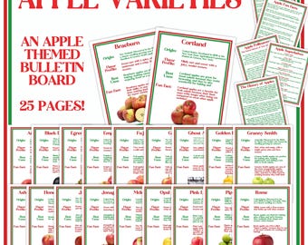 May include: A set of 25 printable apple variety cards. Each card features a different apple variety with information about its origin, flavor profile, best uses, and fun facts. The cards are designed with a red, white, and green color scheme and feature illustrations of apples.