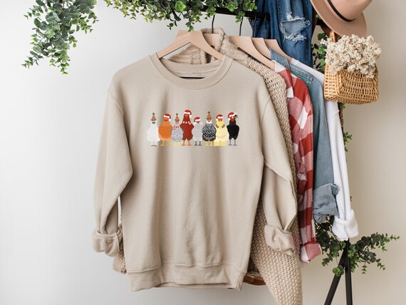 Christmas Chicken Sweatshirt Cute Chickens Farm Animals Holidayshirt Trendy Santa Hat Animal Farmer Hen Rooster Gift Holidays Crewneck Etsy
