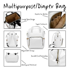 May include: White multipurpose diaper bag with multiple pockets, zipper enclosures, and adjustable straps. Features a large open design and durable craftsmanship. The bag is made of waterproof material. Text on the image reads "Multipurpose/Diaper Bag".