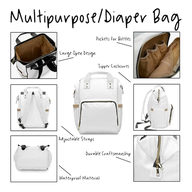 May include: White multipurpose diaper bag with multiple pockets, zipper enclosures, and adjustable straps. Features a large open design and durable craftsmanship. The bag is made of waterproof material. Text on the image reads "Multipurpose/Diaper Bag".