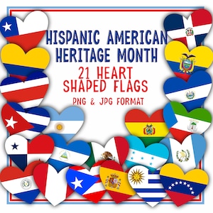 Monat des Hispanic American Erben | Hispanic Country Herzfahnen | Hispanic Monat Bulletin Board Decor | 21 Druckbare Flagge PNG JPG