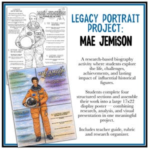 May include: A poster set for the Legacy Portrait Project featuring Mae Jemison. The poster includes a black and white illustration of Mae Jemison in a spacesuit, and a color illustration of Mae Jemison in an orange spacesuit. Text includes "Legacy Portrait Project: Mae Jemison".