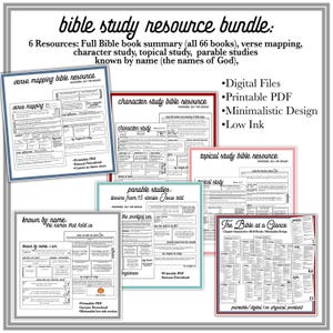 May include: A collection of Bible study resources with a minimalist design. The image displays six different study guides, including verse mapping and character study. Text includes "Digital Files," "Printable PDF," and "Low Ink" for easy printing.