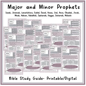May include: A printable or digital Bible study guide for the Major and Minor Prophets. The guide includes a list of the prophets and their books, as well as information about the symbolism and imagery used in their writings.