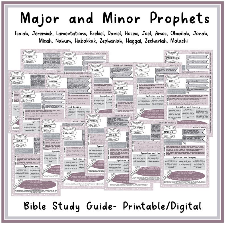 May include: A printable or digital Bible study guide for the Major and Minor Prophets. The guide includes a list of the prophets and their books, as well as information about the symbolism and imagery used in their writings.