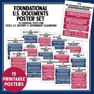Könnte beinhalten: Ein Satz von 15 druckbaren Postern mit grundlegenden US-Dokumenten, darunter die Unabhängigkeitserklärung und die Bill of Rights. Die Poster sind für den Unterricht in Staatsbürgerkunde, US-Geschichte und Regierung konzipiert. Die Poster sind rot, weiß und blau.