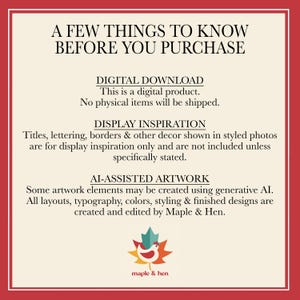 May include: A square informational graphic with a red border and cream background. The text reads: A FEW THINGS TO KNOW BEFORE YOU PURCHASE, DIGITAL DOWNLOAD, DISPLAY INSPIRATION, and AI-ASSISTED ARTWORK. A maple leaf and bird logo is at the bottom.