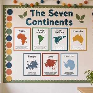 Posters med sju kontinenter | Minimalistisk anslagstavla med geografiposters | Dekoration för klassrum och väggkonst med samhällskunskap i världen