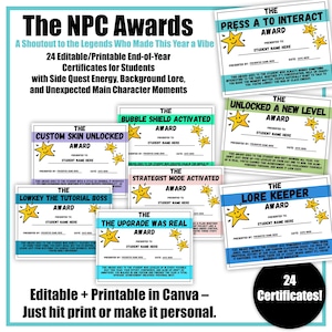 Editable Funny NPC Student Awards | Printable End of Year Gen Alpha Certificates | Canva Class Superlatives  | NPC-Themed for Middle School