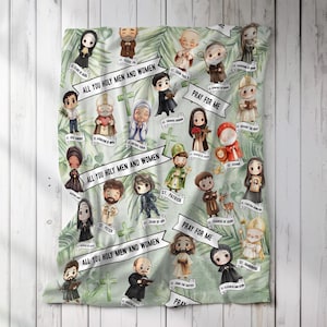 Catholic Saints Blanket | Holy Saints of Heaven Velveteen Throw | 1st Communion Kids Gift | Baptism Baby Shower Gift | Confirmation Gifts