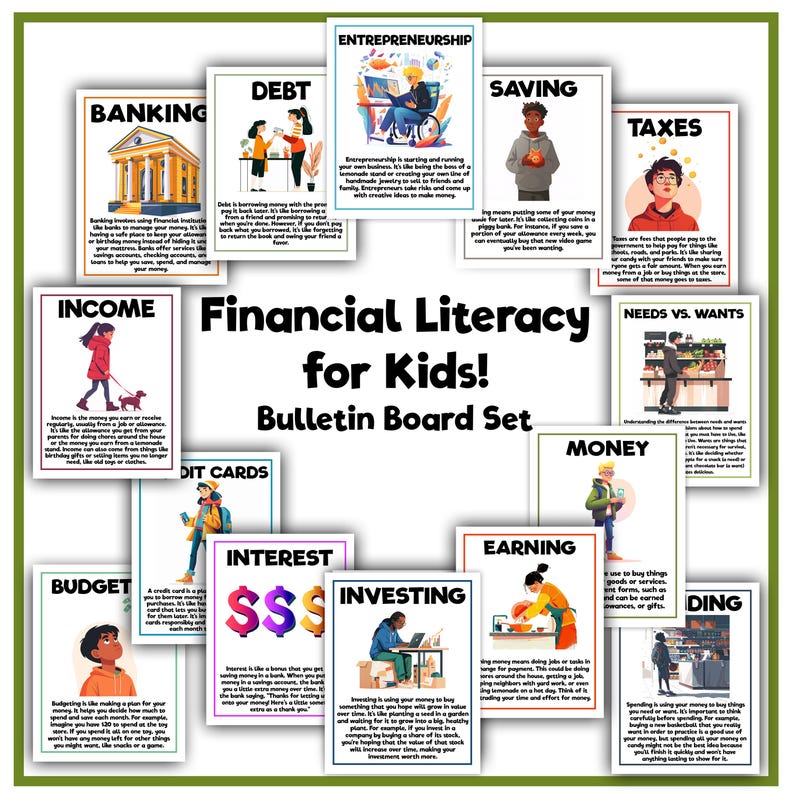 May include: A colorful bulletin board set titled "Financial Literacy for Kids!" features illustrated cards on topics like banking, debt, and saving. The set includes cards on income, budget, and investing, with text descriptions for each topic. The overall theme is financial education.
