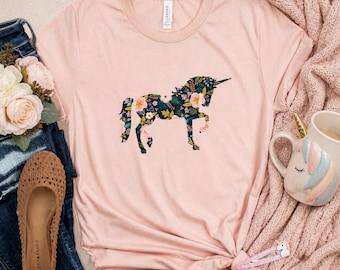 Floral Unicorn Shirt | Magical Unicorn Lover Silhouette Tee | Fairy Tale Aesthetic TShirt | Cute Womens Graphic Tee, Unicorn Forestcore Gift
