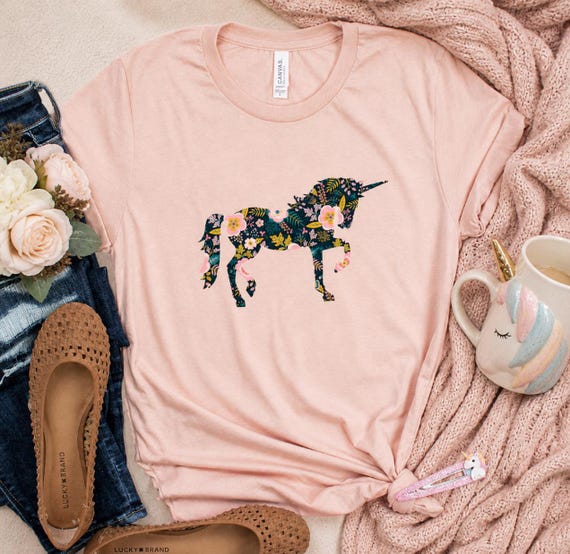 Floral Unicorn Shirt | Magical Unicorn Lover Silhouette Tee | Fairy Tale Aesthetic TShirt | Cute Womens Graphic Tee, Unicorn Forestcore Gift