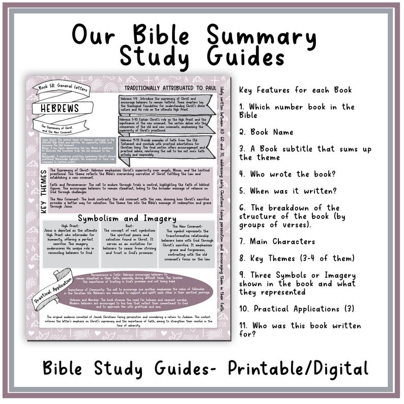 May include: A printable Bible study guide with a pink and white background. The guide features a section on the book of Hebrews, including key themes, symbolism, and practical applications. The guide also includes a list of key features to consider when studying any book of the Bible.