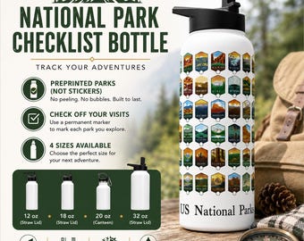 National Park Water Bottle | US National Parks Checklist Bottle | National Parks Tracker | Hiking Gift | Preprinted Park Bottle