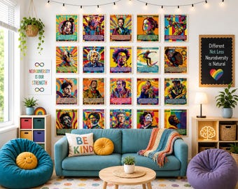 May include: A wall display featuring twenty rectangular posters of famous neurodivergent individuals in vibrant, multi-coloured pop art styles, arranged in a grid above a teal sofa with a 'BE KIND' pillow and two round yellow cushions.