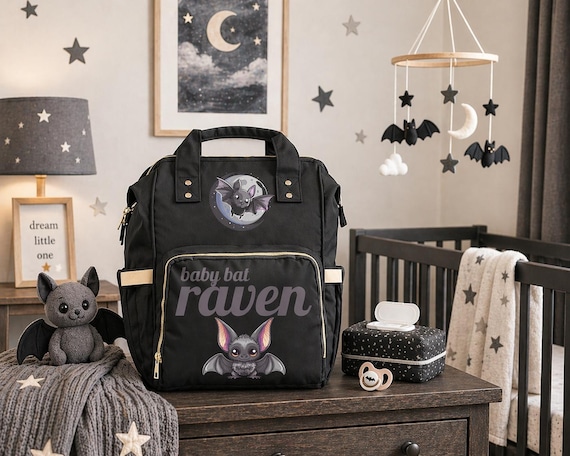 Goth Diaper Bag Backpack Celestial Bats Cute Witchy Baby Shower Gift Insulated Travel Bottle Cooler Gothic Moms Dads New Parents Newborns