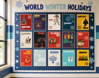 Może przedstawiać: Tablica ogłoszeń prezentuje plakaty z okazji różnych świąt zimowych, w tym Bożego Narodzenia, Diwali i Chanuki. U góry widnieje napis "WORLD WINTER HOLIDAYS". Tablica jest ozdobiona płatkami śniegu i gwiazdami.
