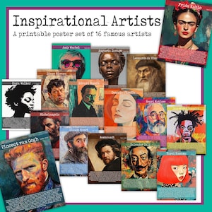 Conjunto de carteles para tablones de anuncios de artistas / Carteles de artistas famosos / Paquete de decoración para aulas de historia del arte / Carteles digitales imprimibles de arte para pasillos