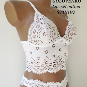 White bra top and panties, white lace crop top, bachelorette party lingerie, sexy wedding underwear, no wire soft bra, longline bralette