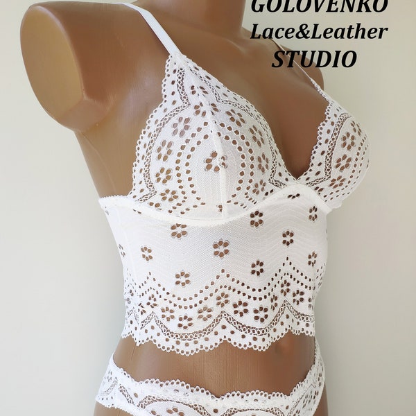 White bra top and panties, white lace crop top, bachelorette party lingerie, sexy wedding underwear, no wire soft bra, longline bralette