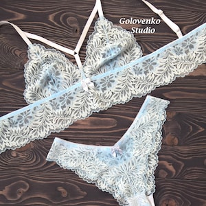 Romantic honeymoon lingerie, bride gift, bridal lingerie, wedding lingerie, light blue lingerie set, something blue, longline bra, underwear