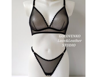 Sheer bra and panties, black mesh lingerie set, lingerie see through, sexy womens lingerie sets, transparent lingerie, kinky lingerie gift