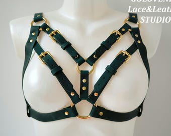 Dark green leather open bra, genuine leather chest harness, women's bondage cage bra, bdsm leather lingerie, black leather breast harness