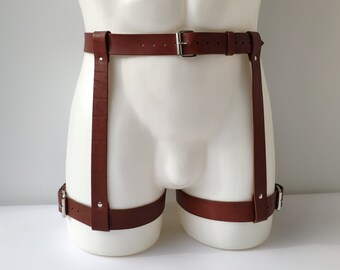 Men's genuine leather garter belt, brown leather thigh harness, leg harness for men, bottom harness, wide belt harness, male hips bondage