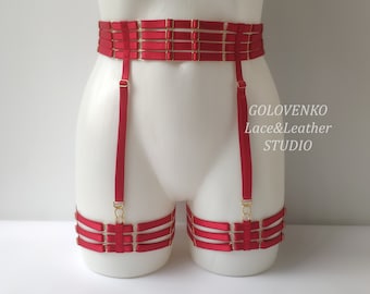 Red elastic garter belt, sexy leg harness, red crotchless lingerie, four straps suspender belt with thigh garters, Valentine's lingerie gift