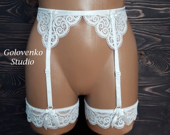 Bridal garter belt, white lace belt with thigh garters, sexy wedding garter belt, custom size honeymoon lingerie, garter belt for bride