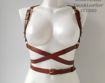Brown cross belts waist harness, genuine leather harness, bondage harness for women, chest harness, stylish daily body harness, harness men