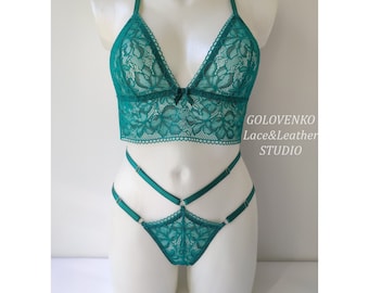 Green lace lingerie set, women&#39;s turquoise underwear, green longline bralette, sexy green panties, gift for her, romantic honeymoon lingerie