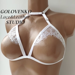 White open lingerie set, crotchless lingerie, elastic strappy lingerie, erotic cupless lingerie, white open cup bra and open crotch panties image 4