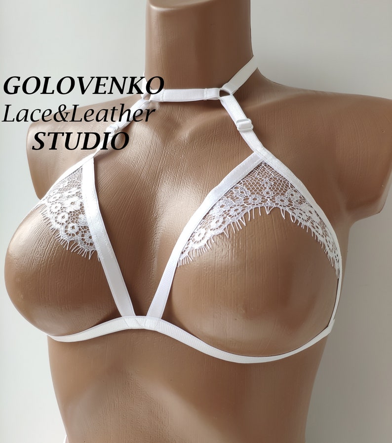 White open lingerie set, crotchless lingerie, elastic strappy lingerie, erotic cupless lingerie, white open cup bra and open crotch panties image 4