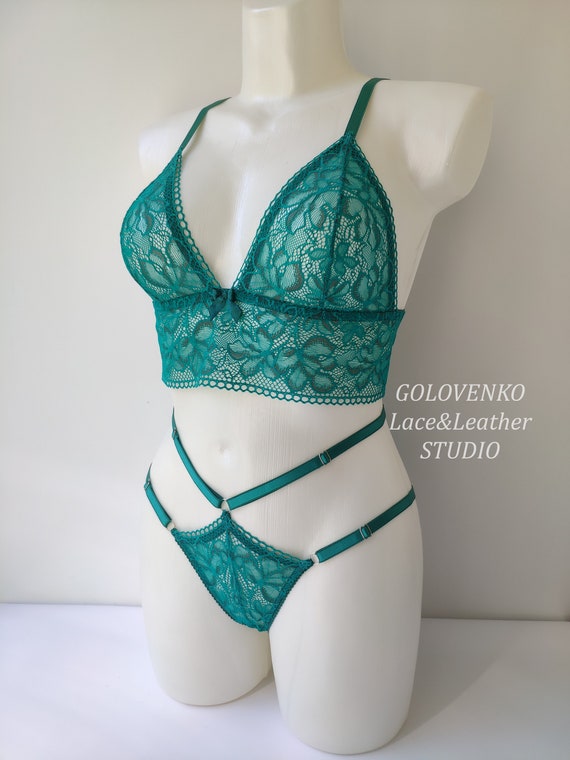 Green Lace Lingerie Set, Women's Turquoise Underwear, Green Longline  Bralette, Sexy Green Panties, Gift for Her, Romantic Honeymoon Lingerie -  Etsy