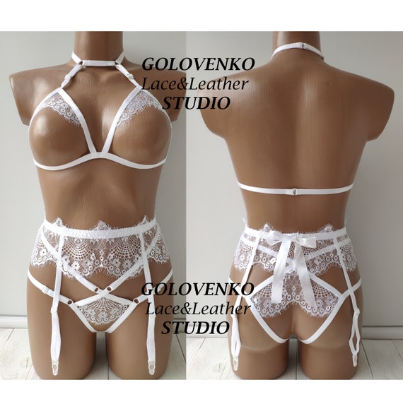 Erotic Bridal Lingerie With Garter Belt, Crotchless Wedding Night Lingerie  Set, Sexy White Body Cage Lingerie, Open Cup Bra, Ouvert Lingerie 