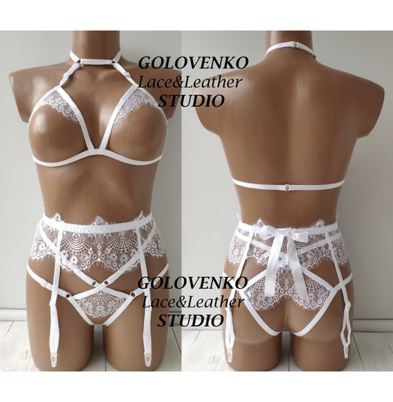 sexy lingerie with garter Erotic Bridal Lingerie With Garter Belt, Crotchless Wedding Night Lingerie  Set, Sexy White Body Cage Lingerie, Open Cup Bra, Ouvert Lingerie