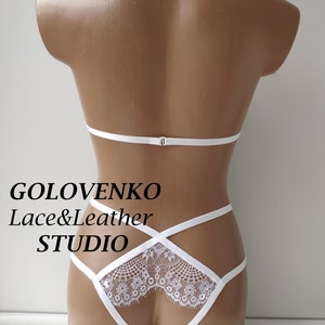 White open lingerie set, crotchless lingerie, elastic strappy lingerie, erotic cupless lingerie, white open cup bra and open crotch panties image 3