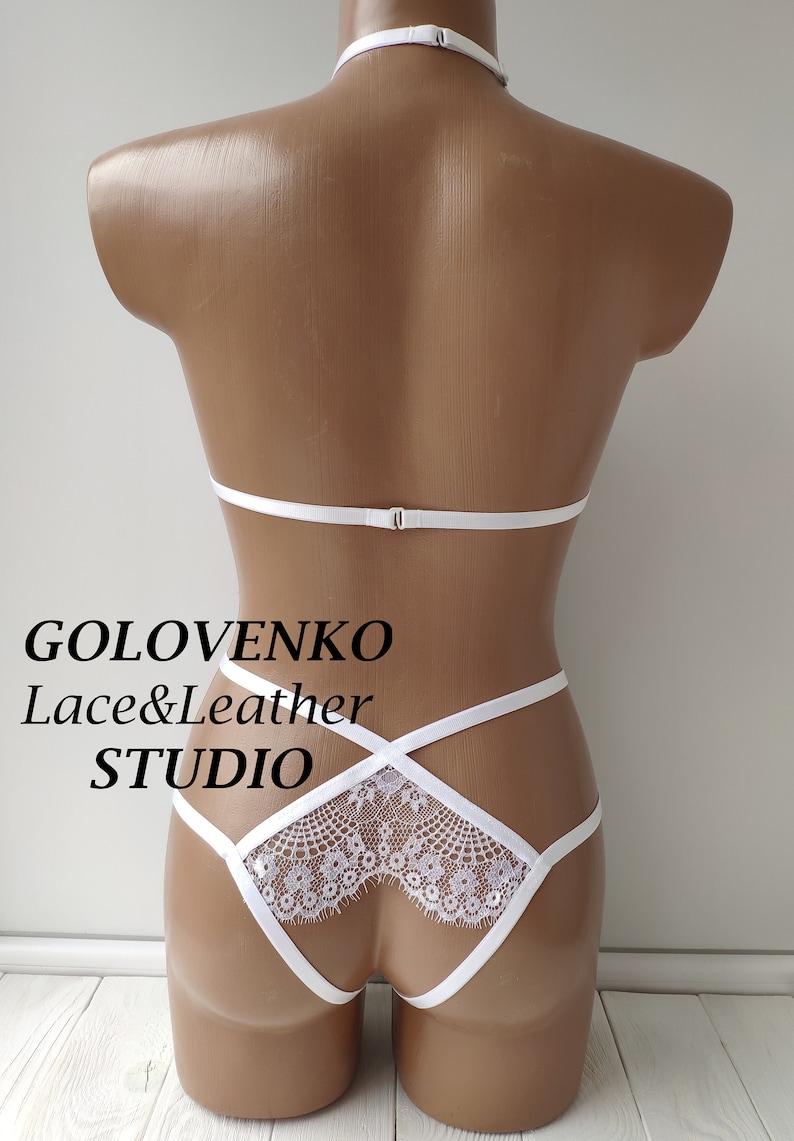 White open lingerie set, crotchless lingerie, elastic strappy lingerie, erotic cupless lingerie, white open cup bra and open crotch panties image 3