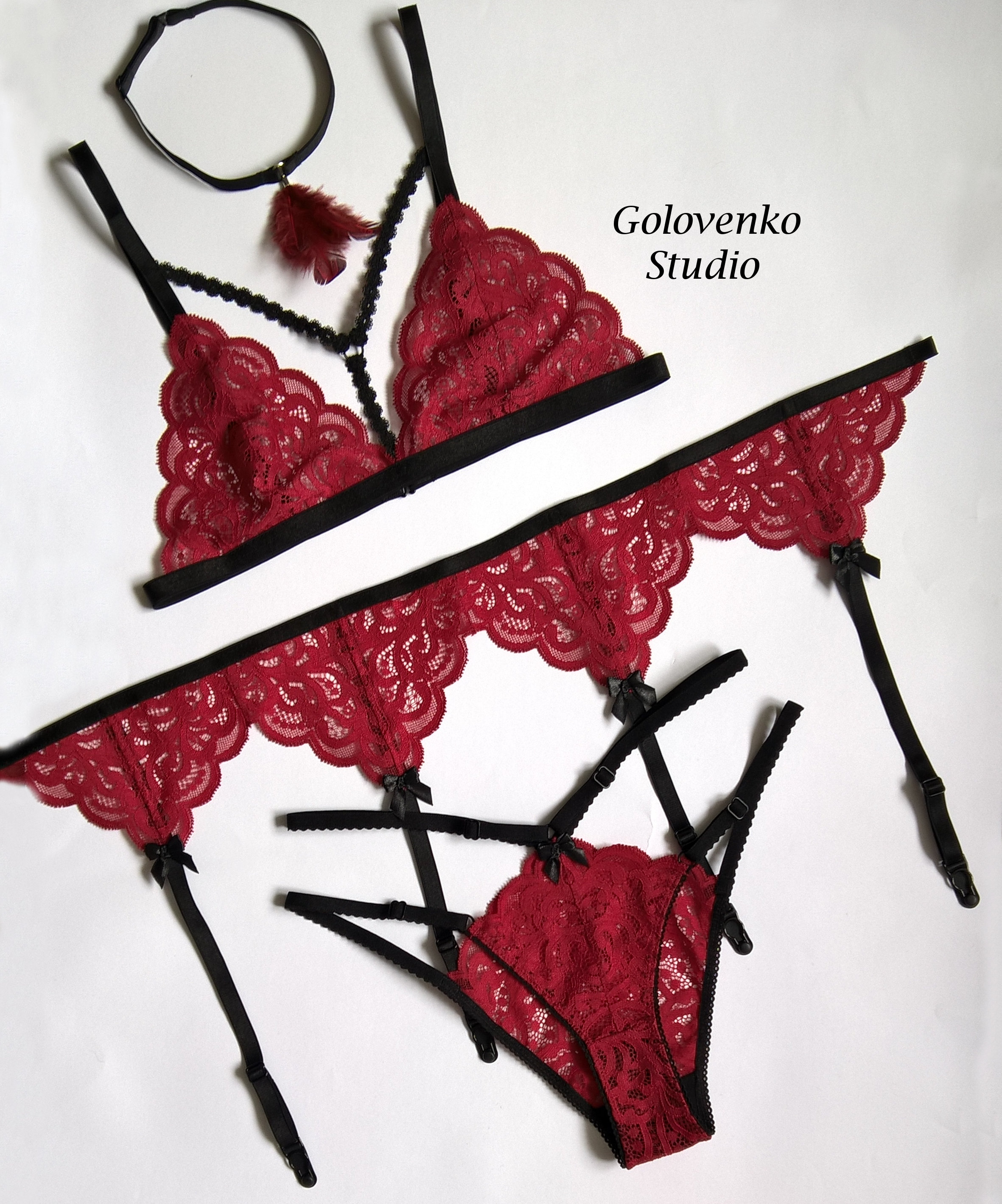 Burgundy Garter Belt Lingerie Set With a Collar, Dark Red Strappy Lingerie,  Sexy Maroon Lingerie, Boudoir Wine Lingerie, Women Lingerie Gift